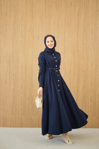 Boydan Düğmeli Kemerli Elbise Lacivert