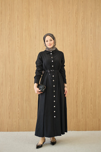 Boydan Düğmeli Kemerli Elbise Siyah