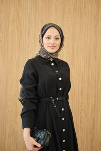 Boydan Düğmeli Kemerli Elbise Siyah