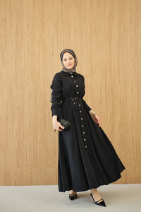 Boydan Düğmeli Kemerli Elbise Siyah