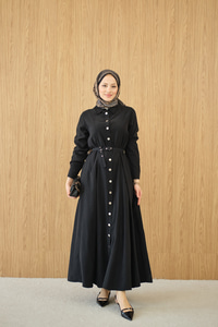 Boydan Düğmeli Kemerli Elbise Siyah