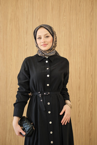 Boydan Düğmeli Kemerli Elbise Siyah