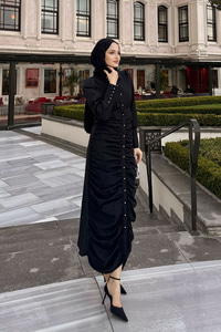 Boydan Düğmeli Önü Büzgü Detay Elbise Siyah