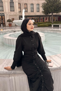 Boydan Düğmeli Önü Büzgü Detay Elbise Siyah