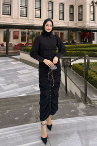 Boydan Düğmeli Önü Büzgü Detay Elbise Siyah