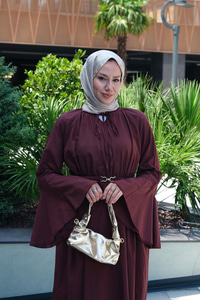 Boyun Bağcık Detay Bel Lastik Kemerli Elbise Bordo