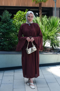 Boyun Bağcık Detay Bel Lastik Kemerli Elbise Bordo