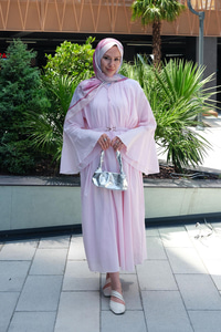 Boyun Bağcık Detay Bel Lastik Kemerli Elbise Pembe