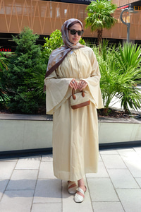 Boyun Bağcık Detay Bel Lastik Kemerli Elbise Sarı