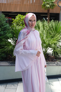 Boyun Bağcık Detay Bel Lastik Kemerli Elbise Pembe