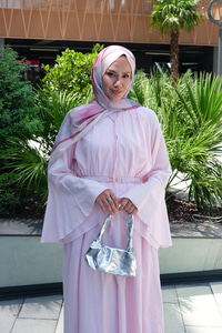 Boyun Bağcık Detay Bel Lastik Kemerli Elbise Pembe