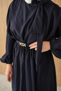 Boyun Bağlamalı Kemerli Elbise Lacivert