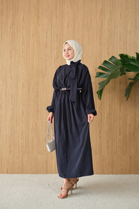 Boyun Bağlamalı Kemerli Elbise Lacivert