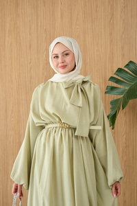 Boyun Bağlamalı Kemerli Elbise Su Yeşil