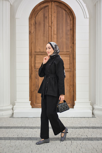 Boyun Düğme Detay Bel Bağlamalı Kot Takım Siyah