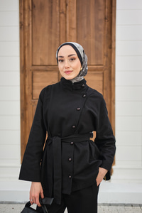 Boyun Düğme Detay Bel Bağlamalı Kot Takım Siyah