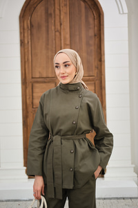 Boyun Düğme Detay Bel Bağlamalı Kot Takım Haki Yeşil