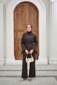 Boyun Düğme Detay Bel Bağlamalı Kot Takım Kahverengi