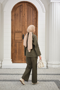 Boyun Düğme Detay Bel Bağlamalı Kot Takım Haki Yeşil