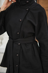 Boyun Düğme Detay Bel Bağlamalı Kot Takım Siyah