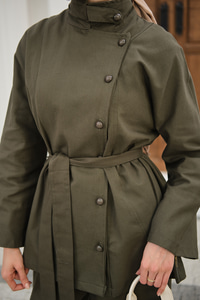 Boyun Düğme Detay Bel Bağlamalı Kot Takım Haki Yeşil