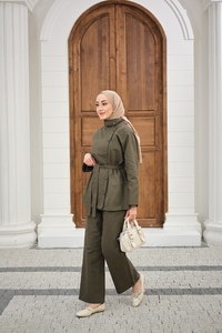 Boyun Düğme Detay Bel Bağlamalı Kot Takım Haki Yeşil