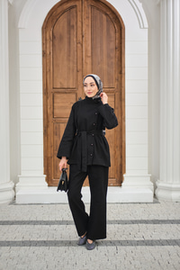 Boyun Düğme Detay Bel Bağlamalı Kot Takım Siyah