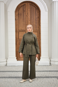 Boyun Düğme Detay Bel Bağlamalı Kot Takım Haki Yeşil