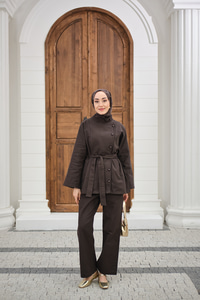 Boyun Düğme Detay Bel Bağlamalı Kot Takım Kahverengi