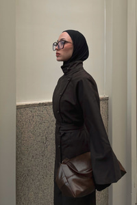 Boyun Düğme Detay Bel Bağlamalı Kot Takım Kahverengi