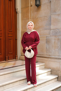 Brit Düğme Detaylı Keten Takım Bordo