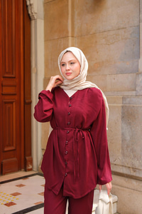 Brit Düğme Detaylı Keten Takım Bordo