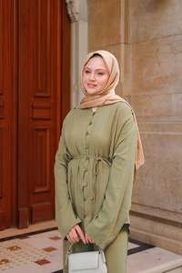 Brit Düğme Detaylı Keten Takım Yeşil