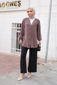 Brit Düğme Detaylı Vual Gömlek Kahverengi