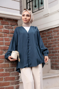 Brit Düğme Detaylı Vual Gömlek Lacivert