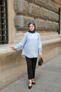 Brit Düğme Detaylı Vual Gömlek Mavi