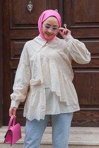 Brode Dantel Detaylı Gömlek Krem