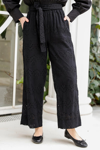 Brode Desenli Bel Bağlamalı Pantolon Siyah