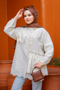 Brode Detay Yarım Taşlı Gömlek Krem