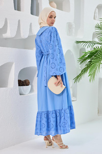 Brode Detaylı Bebe Yaka Elbise Mavi