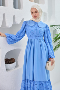 Brode Detaylı Bebe Yaka Elbise Mavi