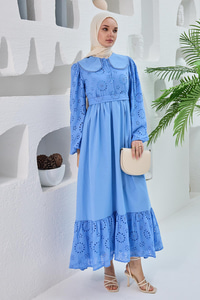 Brode Detaylı Bebe Yaka Elbise Mavi