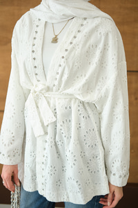 Brode Taş İşlemeli Kimono Beyaz