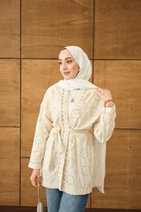 Brode Taş İşlemeli Kimono Krem