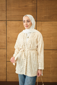 Brode Taş İşlemeli Kimono Krem