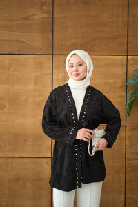 Brode Taş İşlemeli Kimono Siyah
