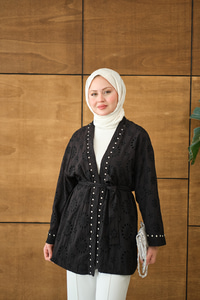 Brode Taş İşlemeli Kimono Siyah