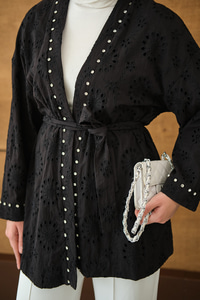 Brode Taş İşlemeli Kimono Siyah