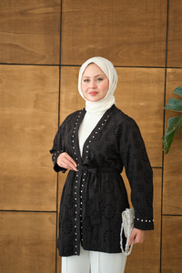 Brode Taş İşlemeli Kimono Siyah