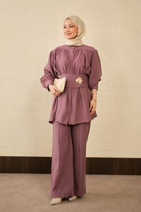 Broş Detay Gizli Düğmeli Takım Mürdüm